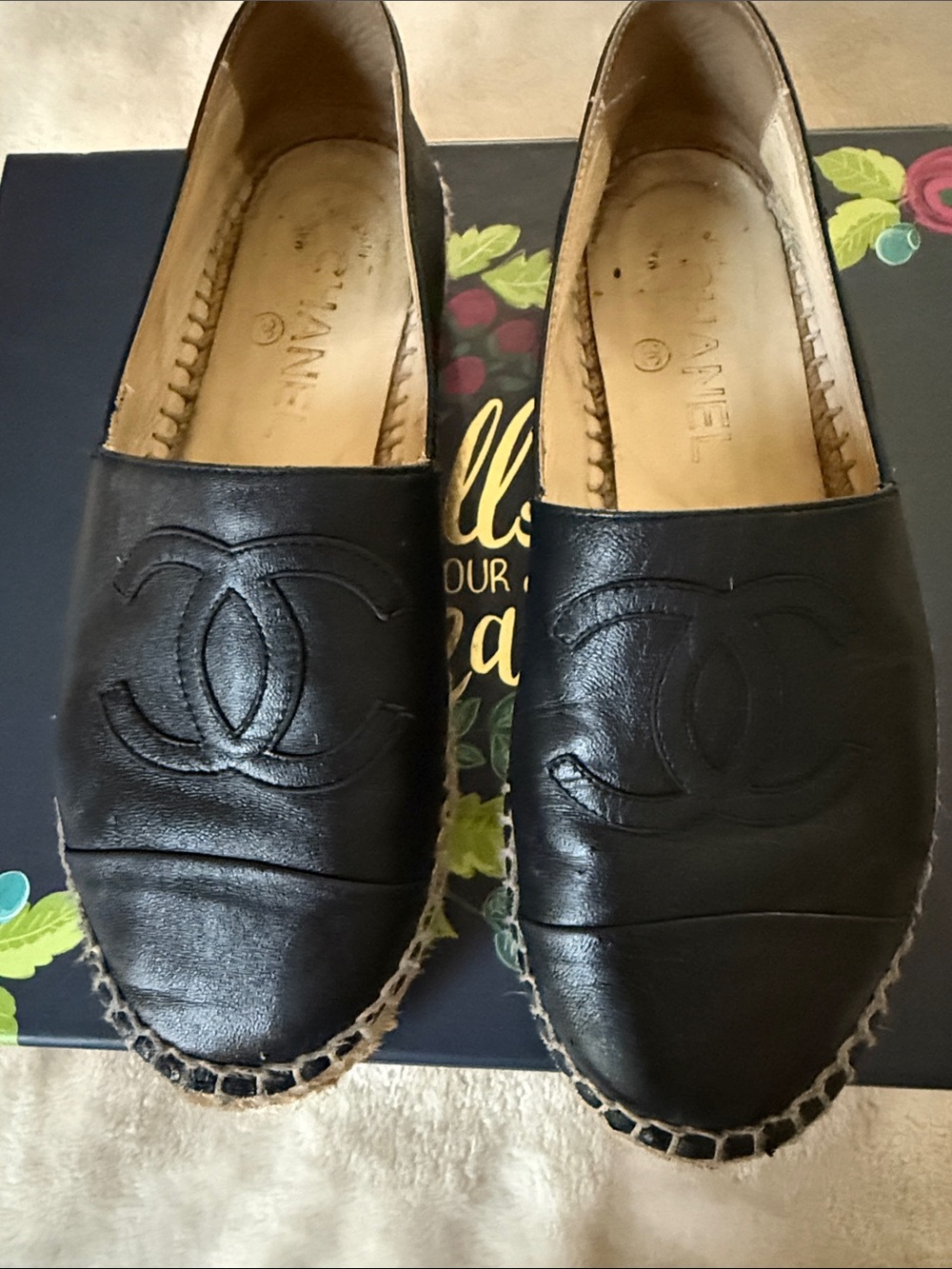 CHANEL Black Leather CC Logo Espadrilles
